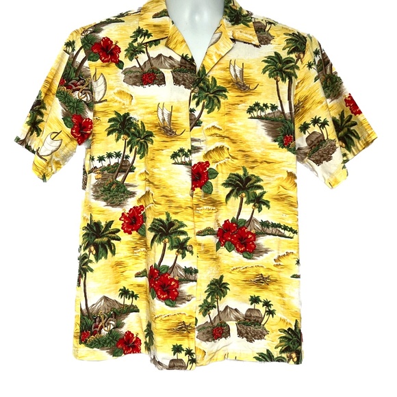RJC Hawaiian Shirt Made In Hawaii Size Medium Yellow Button Up 100% Cotton Palms - Picture 2 of 5